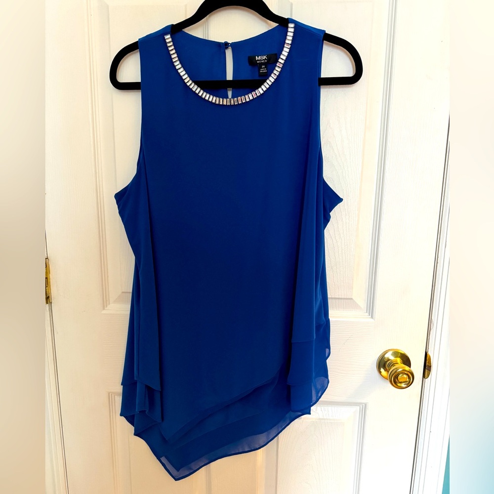 MSK, royal blue asymmetrical cut, tunic length dress top w/rhinestone collar